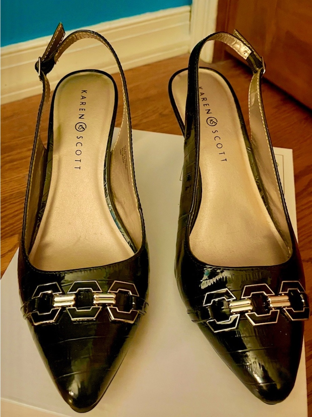 👠Karen Scott Black Croc-Embossed Slingback Pointed Toe Pumps | Size 10M